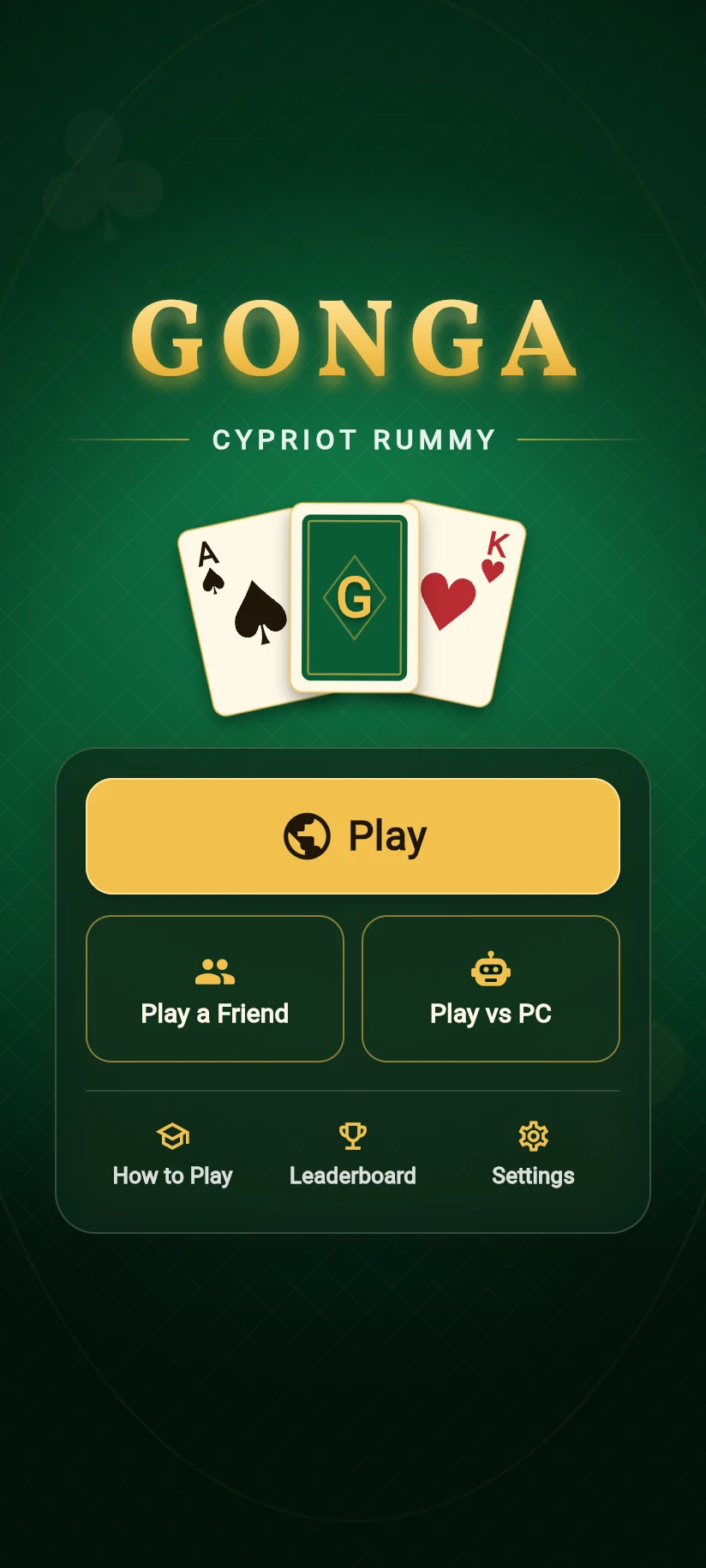 Gonga's main menu, with options to find an opponent, play with a friend or play against the computer.